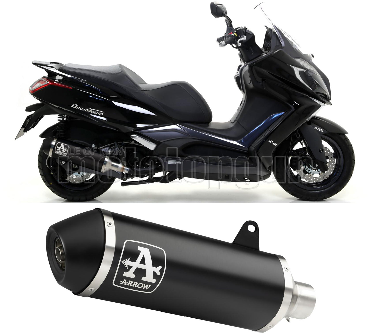 RACCORDO OPEN ARROW URBAN IN ALLUMINIO NERO CON FONDELLO IN INOX NERO COMPATIBILE CON KYMCO DOWNTOWN 350 I 16/19