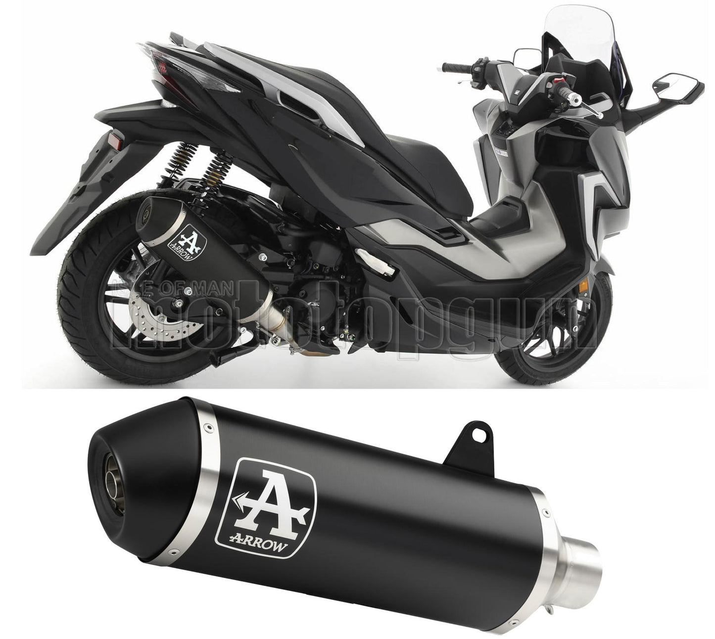 RACCORDO OPEN ARROW URBAN IN ALLUMINIO NERO CON FONDELLO IN INOX NERO COMPATIBILE CON HONDA FORZA 350 21/23