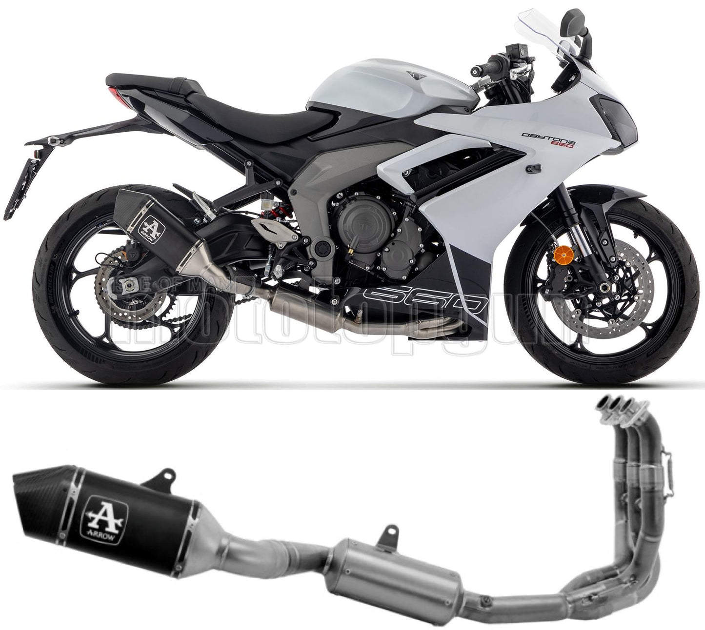 SCARICO COMPLETO OMOLOGATO CATALIZZATO ALTO ARROW VELOCE IN ALLUMINIO NERO CON COPPA IN CARBONIO COMPATIBILE CON TRIUMPH DAYTONA 660 2024