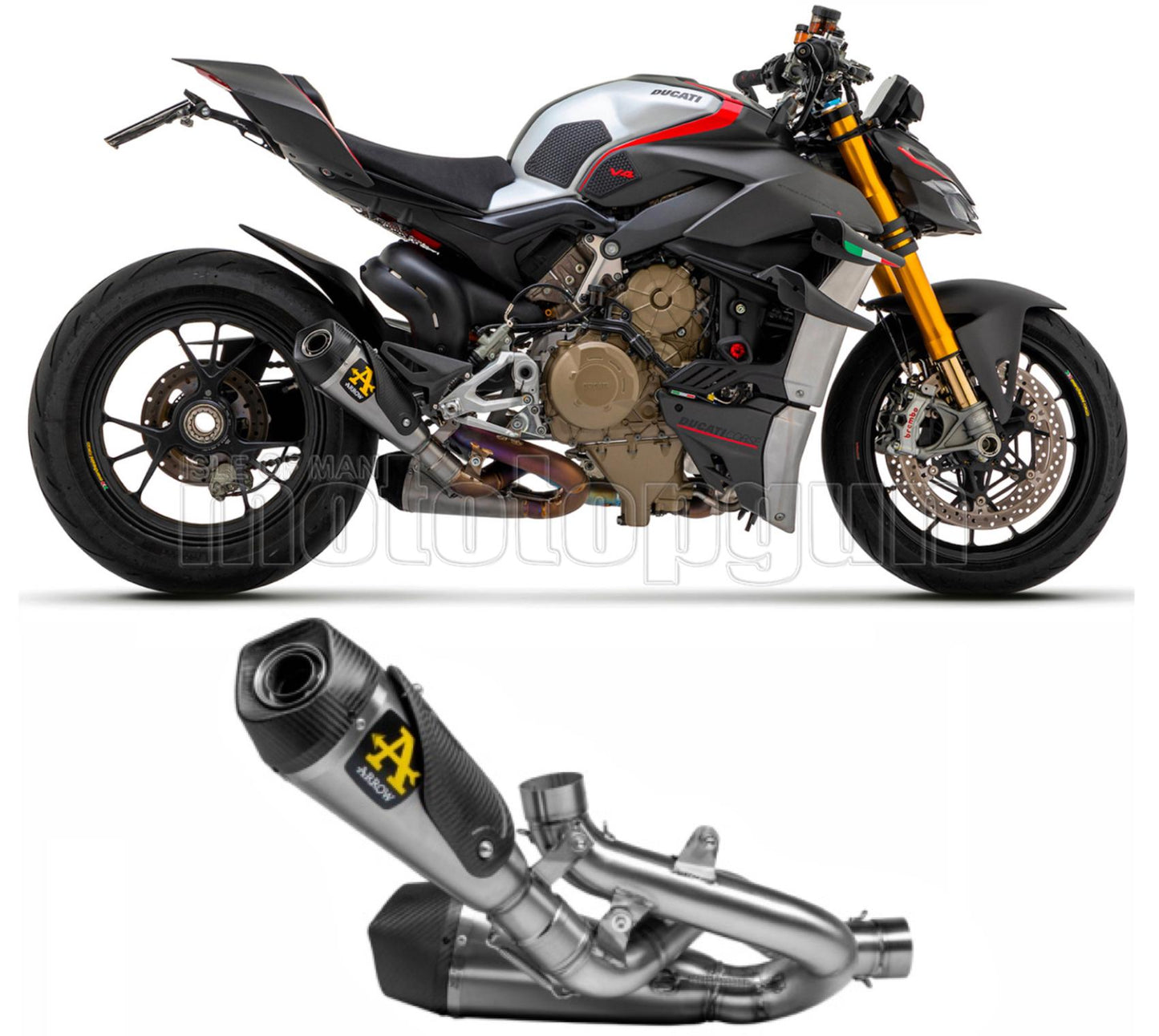 SCARICO COMPLETO OMOLOGATO CATALIZZATO DOPPIO TERMINALE ARROW WORKS IN TITANIO CON FONDELLO IN CARBY COMPATIBILE CON DUCATI STREETFIGHTER V4 20/23