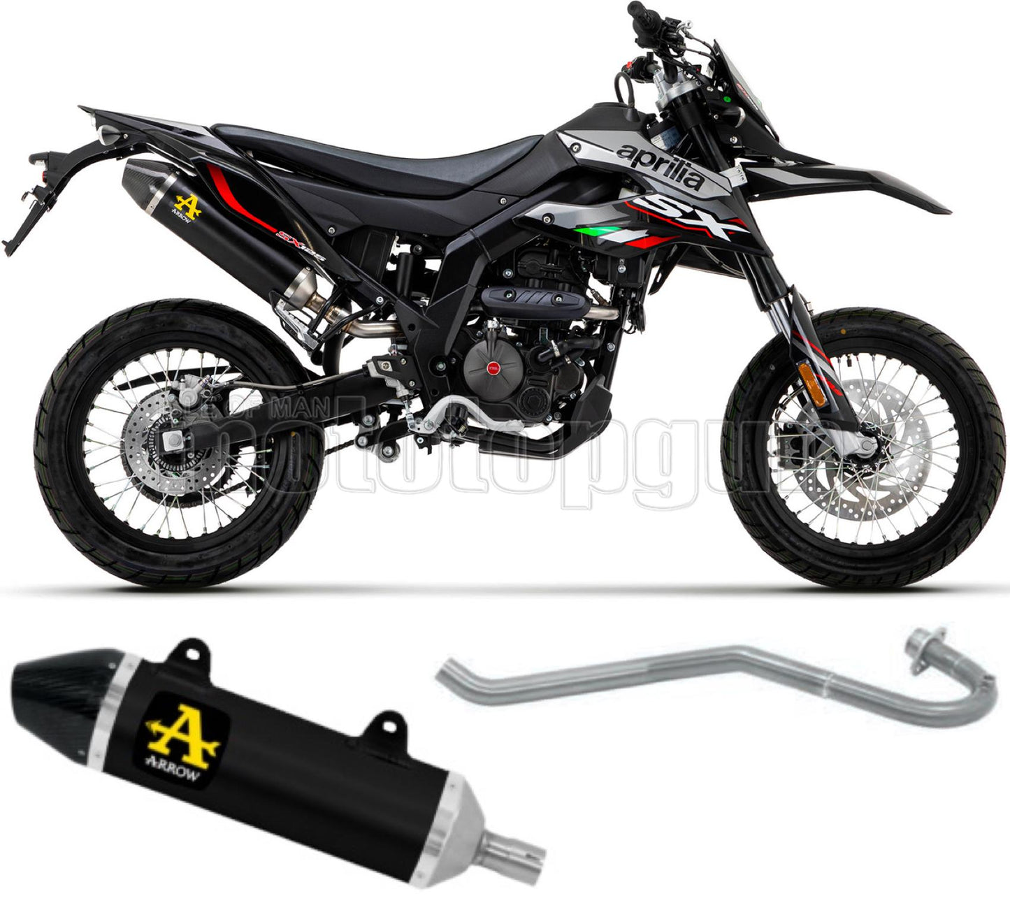 COLLETTORE OPEN ARROW THUNDER IN ALLUMINIO NERO CON FONDELLO IN CARBY COMPATIBILE CON APRILIA RX - SX 4T 125 18/20