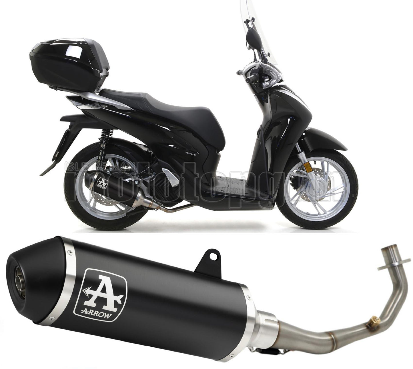 RACCORDO OPEN ARROW URBAN IN ALLUMINIO NERO CON FONDELLO IN INOX NERO COMPATIBILE CON HONDA SH 150 I 20/23