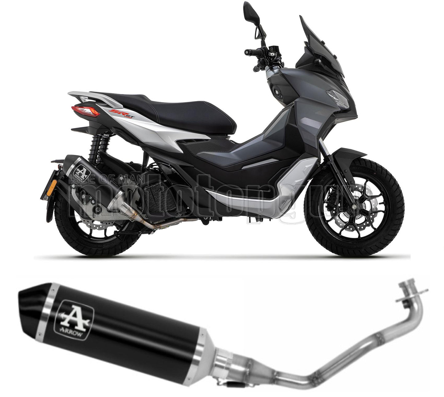SCARICO COMPLETO COMPETITION ARROW URBAN IN ALLUMINIO NERO CON FONDELLO IN INOX NERO COMPATIBILE CON APRILIA SR 200 GT 22/23