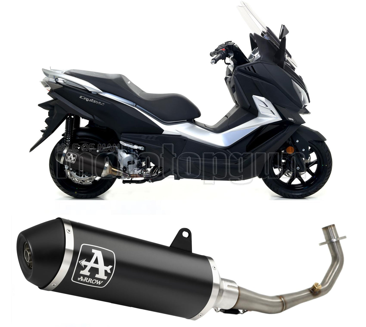 RACCORDO OPEN ARROW URBAN IN ALLUMINIO NERO CON FONDELLO IN INOX NERO COMPATIBILE CON SYM CRUISYM 300 17/20
