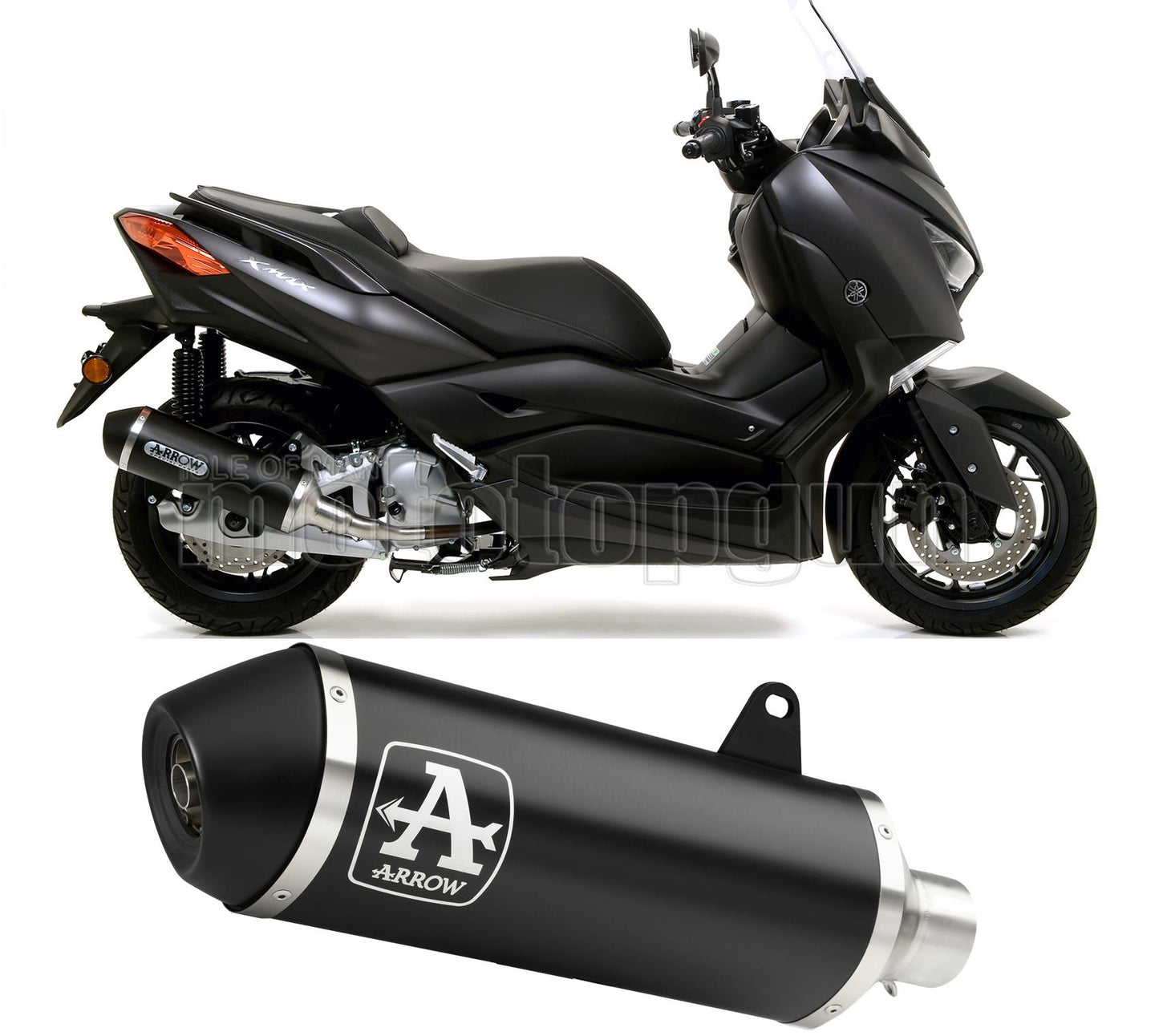 RACCORDO OPEN ARROW URBAN IN ALLUMINIO NERO CON FONDELLO IN INOX NERO COMPATIBILE CON YAMAHA XMAX X-MAX 125 18/20