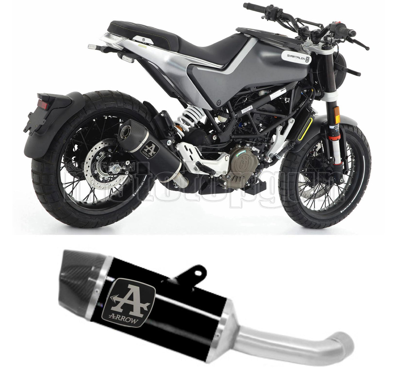 SCARICO OMOLOGATO ARROW INDY-RACE IN ALLUMINIO NERO CON FONDELLO IN CARBY COMPATIBILE CON HUSQVARNA SVARTPILEN 125 21/23