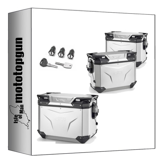 GIVI BAULETTO OBKEV42AA + VALIGIE LATERALI OBKEV48AAL + OBKEVS40AAR TREKKER OUTBACK EVO SMART ALLUMINIO ANODIZZATO DX SCANTONATA 130 LT + ATACCO COMPATIBILE CON BMW F 900 GS 2024