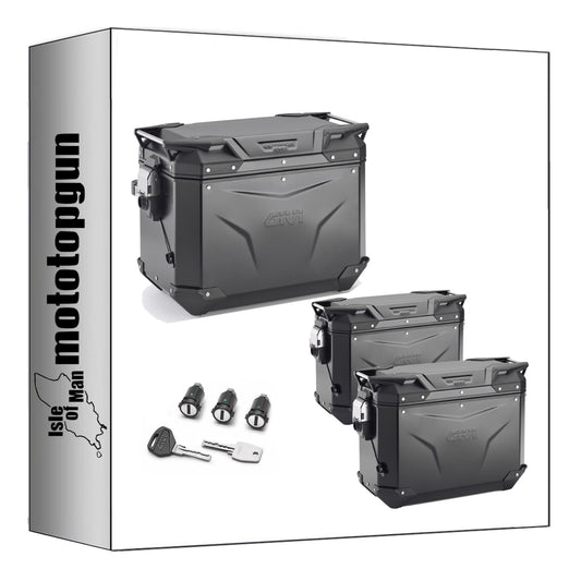 GIVI BAULETTO OBKEV42B + VALIGIE LATERALI OBKEV37BL + OBKEV37BR TREKKER OUTBACK EVO SMART ALLUMINIO NERO 116 LT + ATACCO COMPATIBILE CON HONDA CB 500 X 19/23