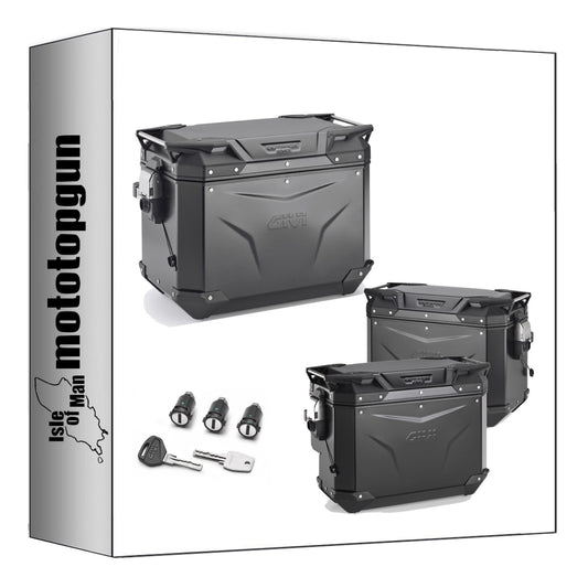 GIVI BAULETTO OBKEV42B + VALIGIE LATERALI OBKEV44BL + OBKEVS40BR TREKKER OUTBACK EVO SMART ALLUMINIO NERO DX SCANTONATA 126 LT + ATACCO COMPATIBILE CON BENELLI TRK 702 X 23/24