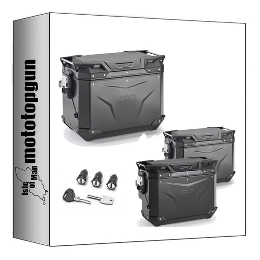 GIVI BAULETTO OBKEV42B + VALIGIE LATERALI OBKEV48BL + OBKEVS40BR TREKKER OUTBACK EVO SMART ALLUMINIO NERO DX SCANTONATA 130 LT + ATACCO COMPATIBILE CON BENELLI TRK 702 X 23/24