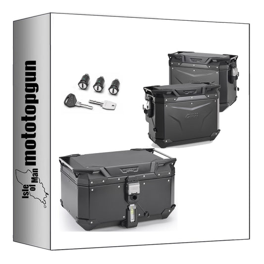 GIVI BAULETTO OBKEV58B + VALIGIE LATERALI OBKEV44BL + OBKEVS40BR TREKKER OUTBACK EVO SMART ALLUMINIO NERO DX SCANTONATA 142 LT + ATACCO COMPATIBILE CON BENELLI TRK 702 X 23/24