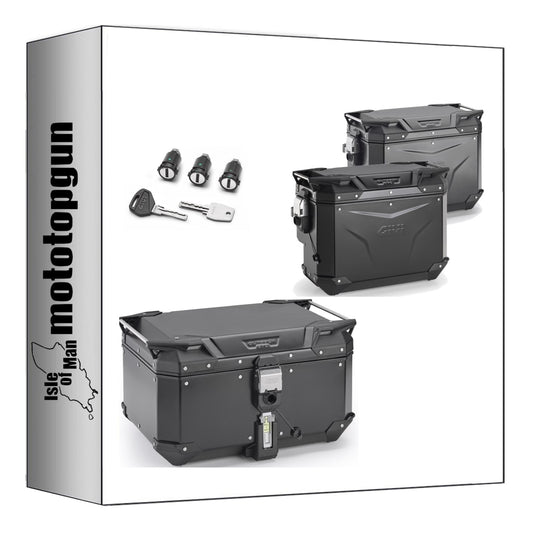 GIVI BAULETTO OBKEV58B + VALIGIE LATERALI OBKEV48BL + OBKEVS40BR TREKKER OUTBACK EVO SMART ALLUMINIO NERO DX SCANTONATA 146 LT + ATACCO COMPATIBILE CON BENELLI TRK 702 X 23/24