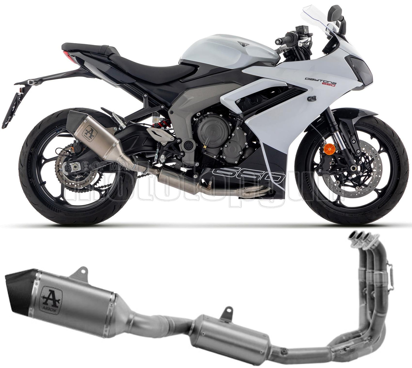 SCARICO COMPLETO OMOLOGATO CATALIZZATO ALTO ARROW VELOCE IN TITANIO CON COPPA IN CARBONIO COMPATIBILE CON TRIUMPH DAYTONA 660 2024