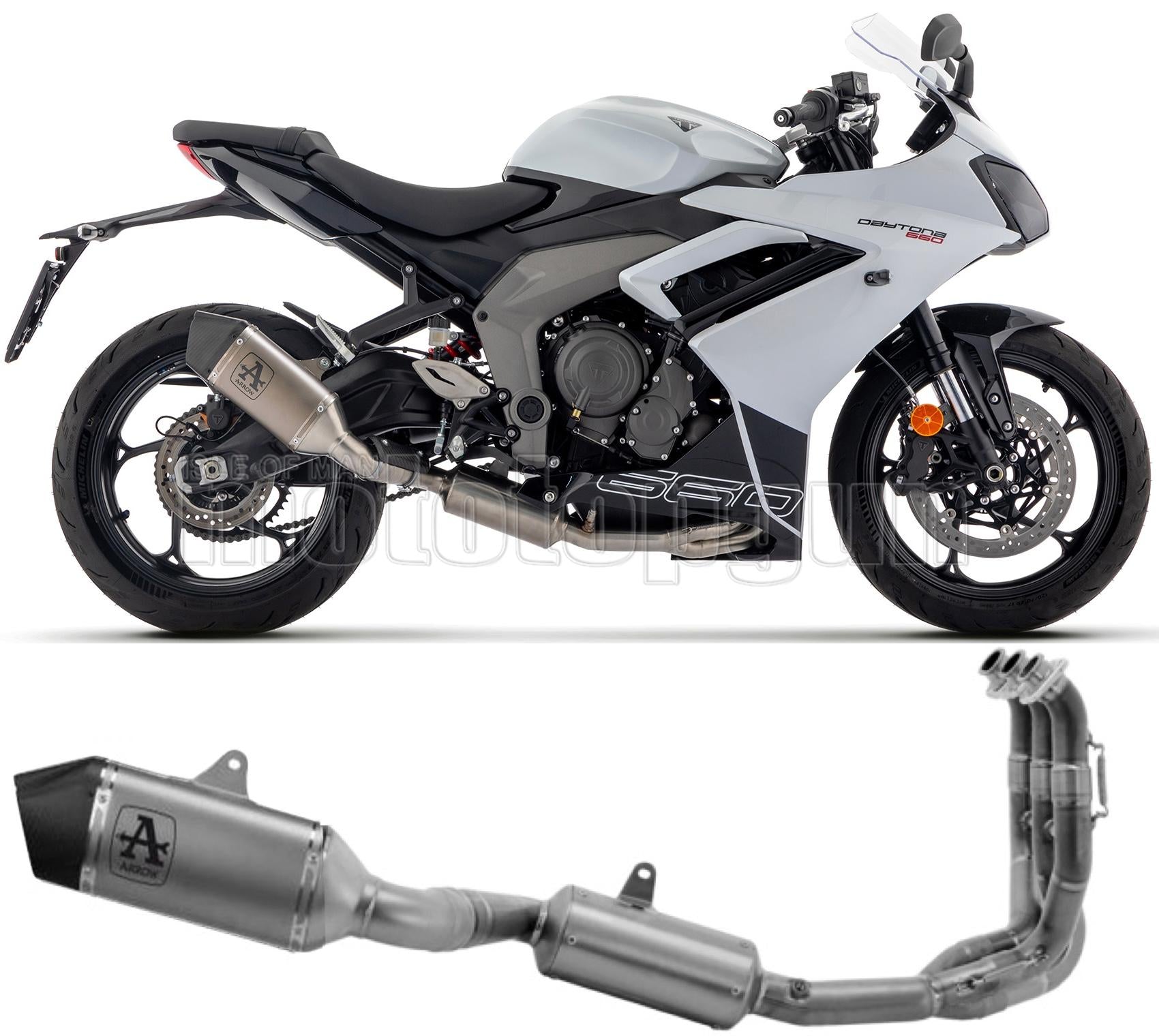 SCARICO COMPLETO OMOLOGATO CATALIZZATO ALTO ARROW VELOCE IN TITANIO CON COPPA IN CARBONIO COMPATIBILE CON TRIUMPH DAYTONA 660 2024