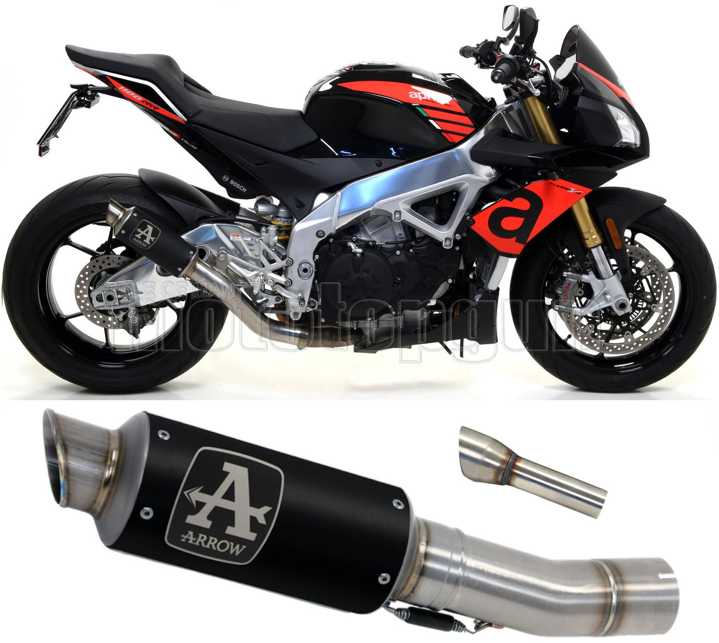 SCARICO COMPLETO OMOLOGATO CATALIZZATO ALTO ARROW GP2 GP-2 IN NICHROM NERO CON FONDELLO IN INOX COMPATIBILE CON APRILIA TUONO V4-R 11/15